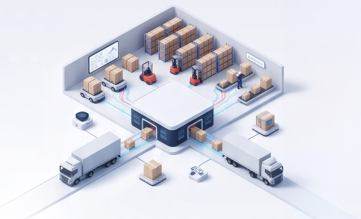 Redpack ambalaj deposu ve dağıtım merkezi: raflarda paletlenmiş koliler, forkliftler ve sevkiyat kamyonları
